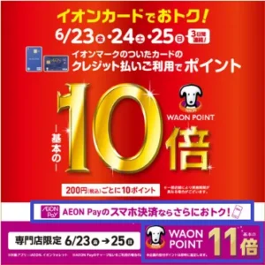 【2024年6月21日～6月23日に開催】イオンカードポイント10倍イベント（イオンペイ11倍）