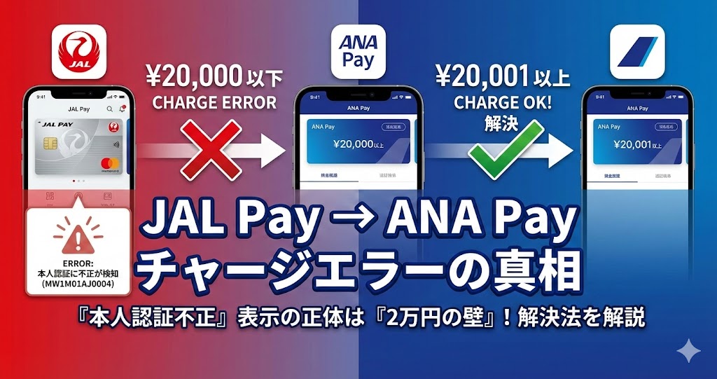 JAL PayからANA Payへ20,000円以下でチャージするとエラーになり、20,001円以上で成功する仕組みを示した図